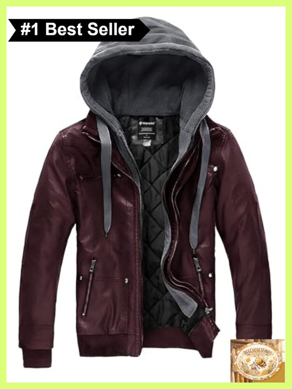 Men's Faux Leather Jacket Removable Hood Motorcycle Coat